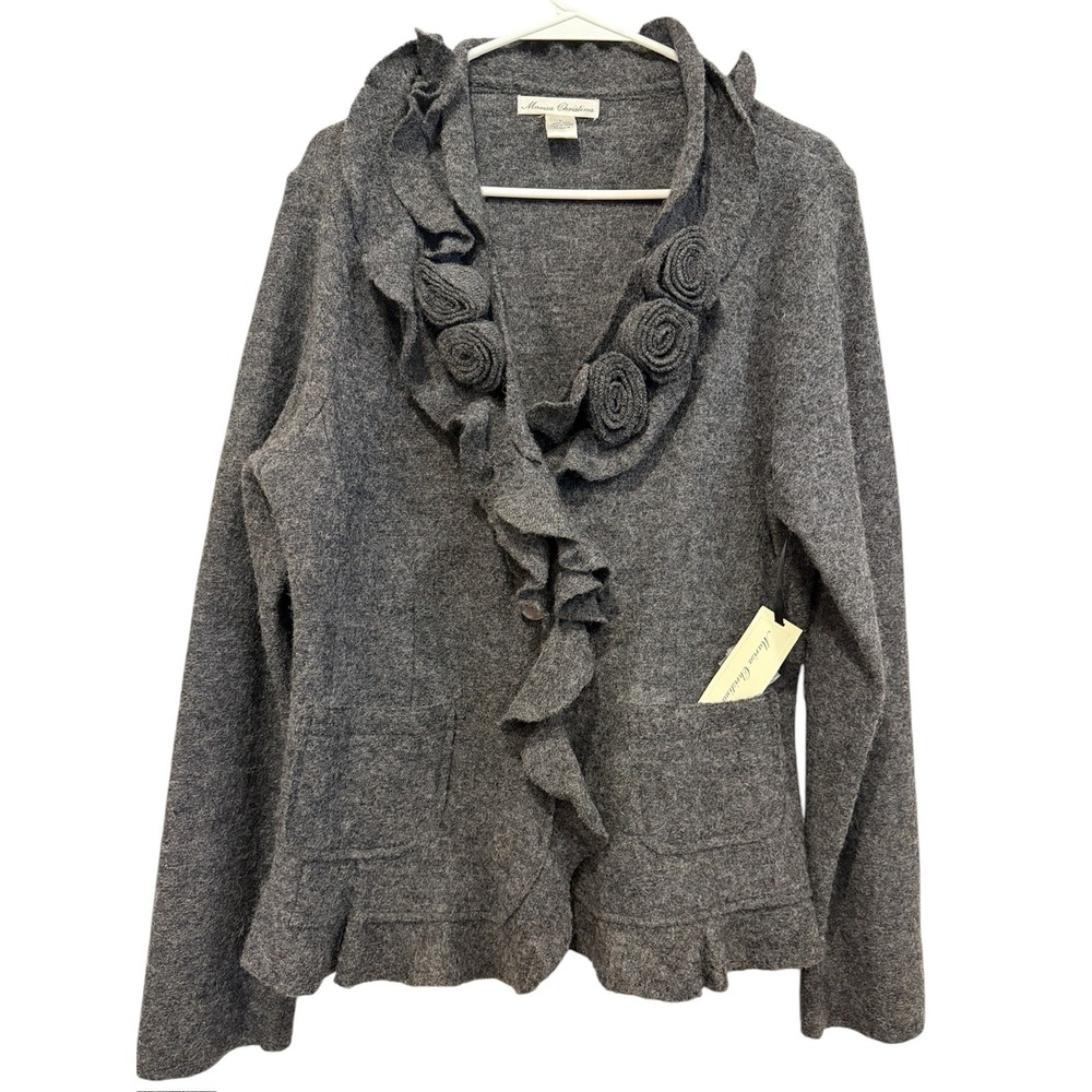 Marisa Christina Cardigan Sweater Womens L Gray Ruffle Rosette Wool Button Up